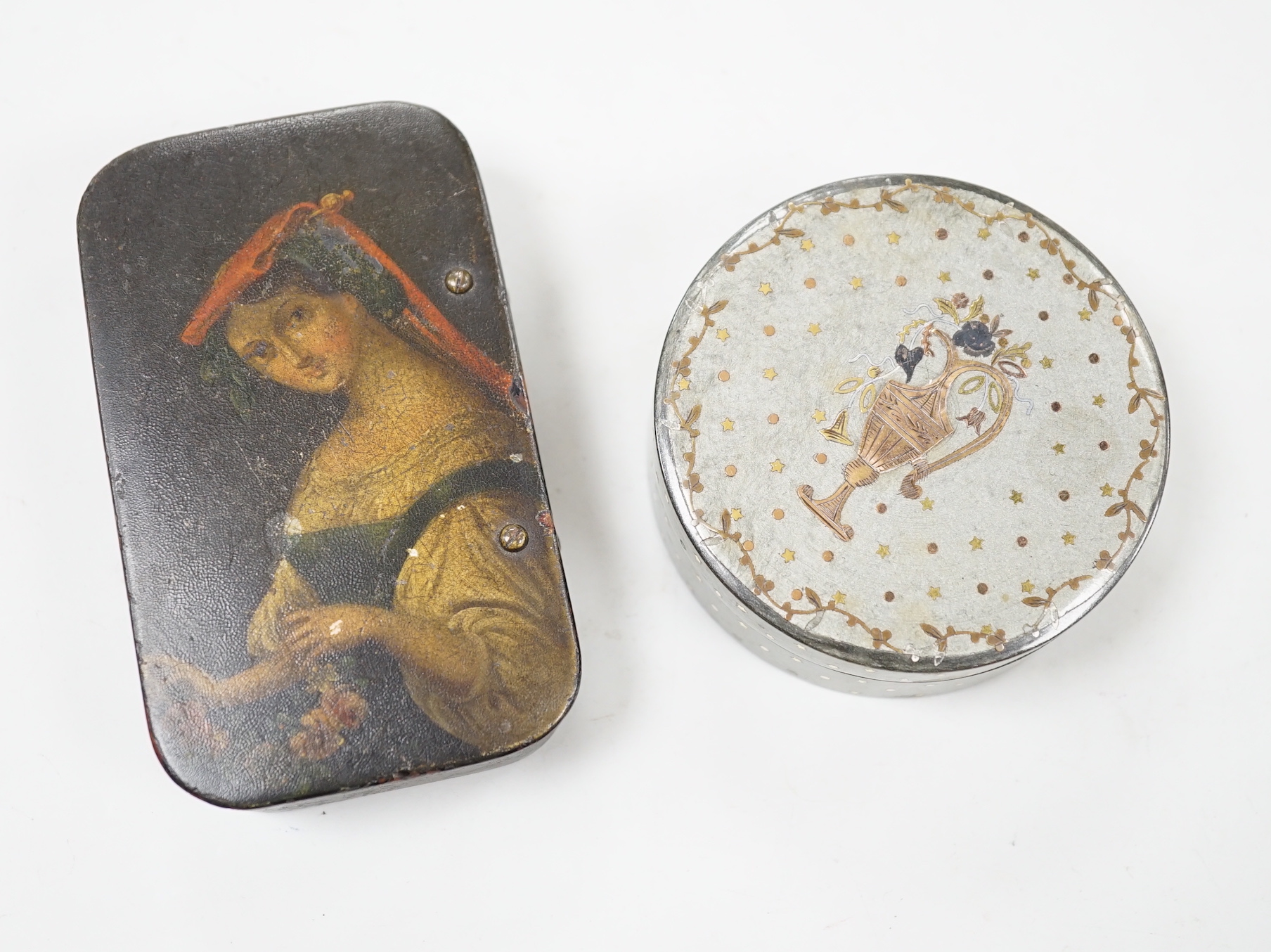 A 19th century painted papier mache snuff box depicting a lady, a yellow metal piquet box and a 9ct marked yellow metal brooch, circular box 7cm diameter